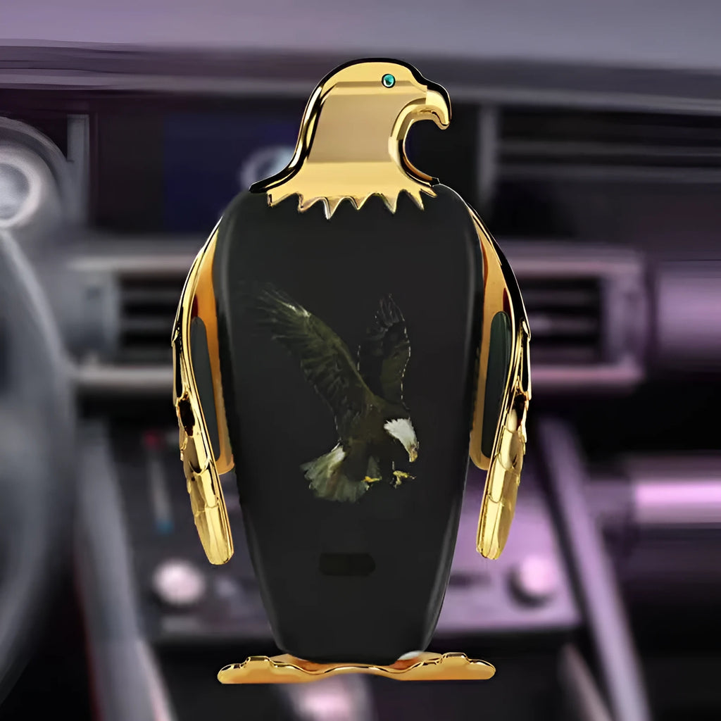 Wireless charging car phone holder in black gold colour with snap-on suction cup.