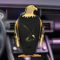 Wireless charging car phone holder in black gold colour with snap-on suction cup.