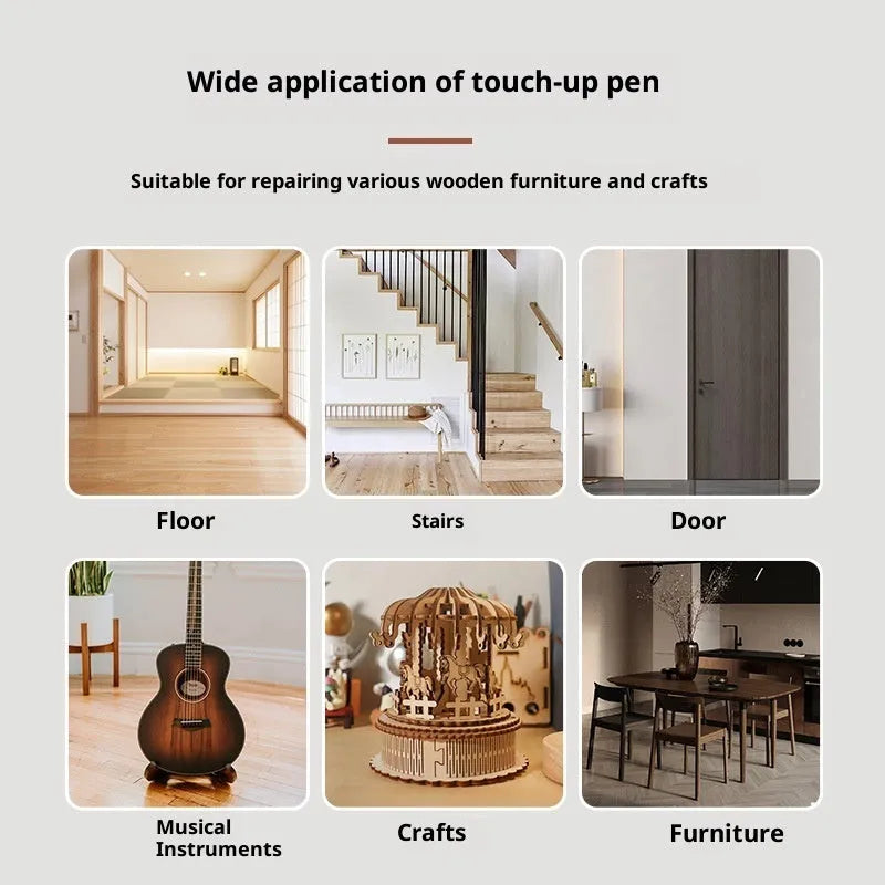 Wood grain paint fixer pen 5ml for repairing scratches and oily marks on solid and composite wood floors, shown in 12 colours.