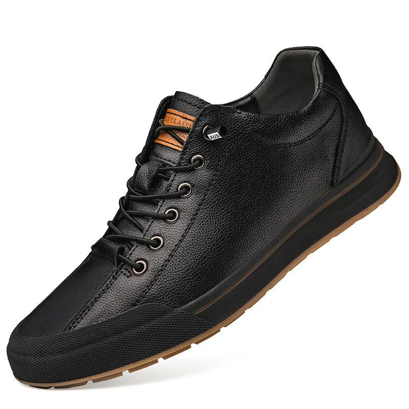 Men's white matte leather shoes with flat heel and round toe in breathable design