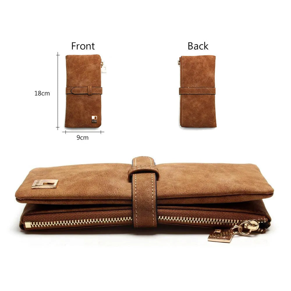 Army green women's long two-fold wallet made of matte PU leather with a drawstring zip, showing internal card slots and compartments.