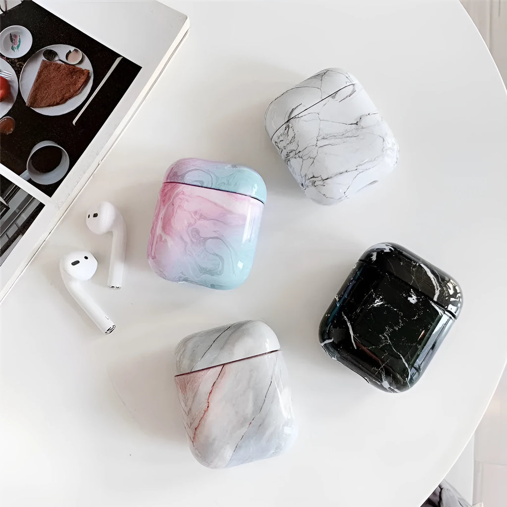 White marble-pattern hard PC protective case for Apple AirPods 1 and 2 charging box.