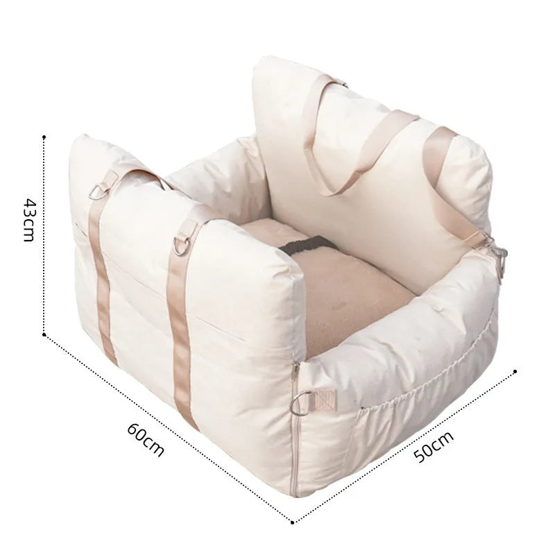 Linen car safety seat front dog bed in beige colour, 60x50x43cm cloth cushion for front seat