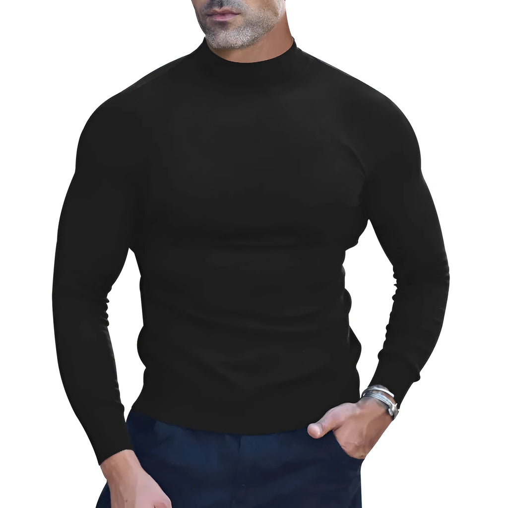 Men's mid-neck knitted pullover jumper in khaki, black or beige, slim fit long sleeve polyester sweater