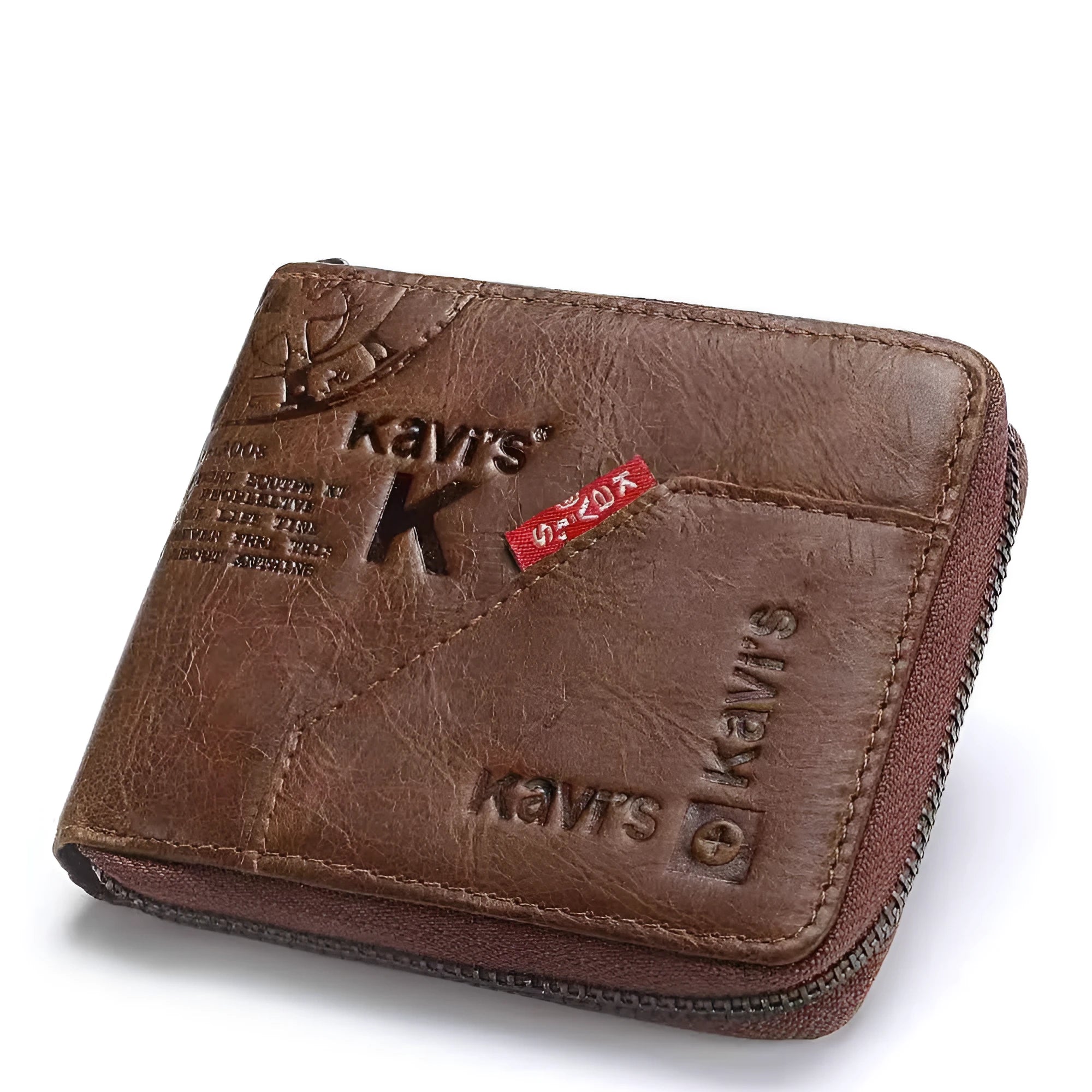 Coffee colour vintage leather wallet with locomotive design showing zipper opening and multiple internal compartments