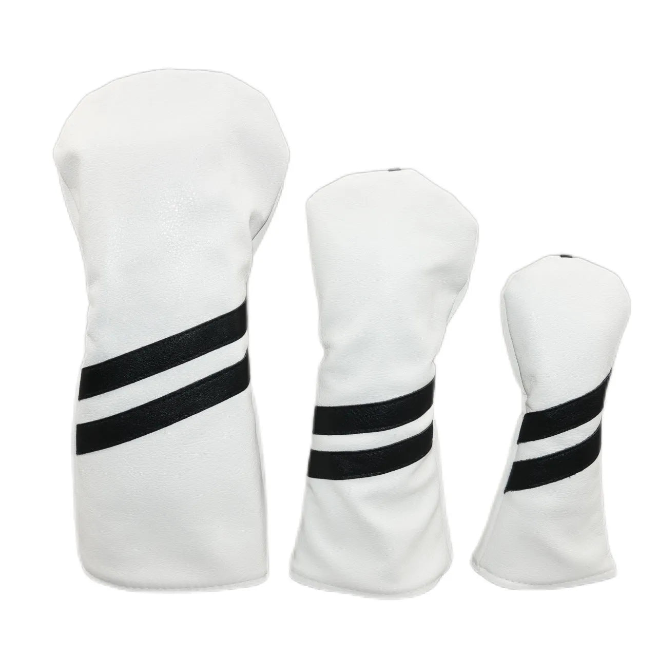 Striped golf club head cover in multiple colours showing three size options for wood rod protection