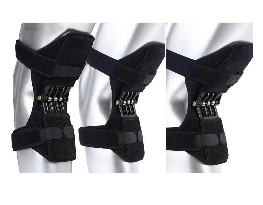Black adjustable knee brace with patella support and visible booster spring mechanism for sports.