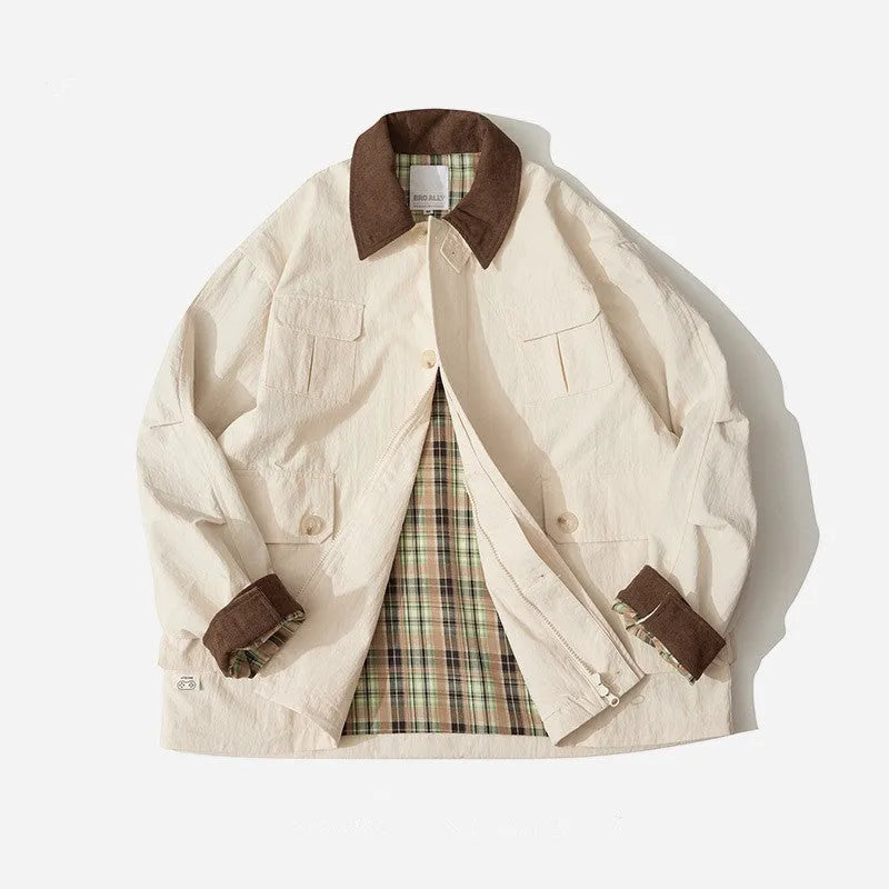 Men's and women's solid colour casual jacket with side seam pockets in green or apricot.