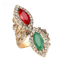 Bohemian retro gold-plated ladies ring with ruby and emerald artificial gemstone, geometric alloy band, sized No 7-10