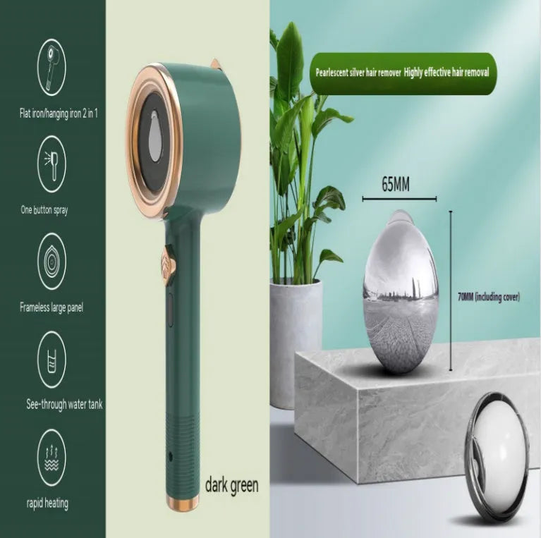 Mini portable handheld garment steamer in green with titanium soleplate and 50ml water tank
