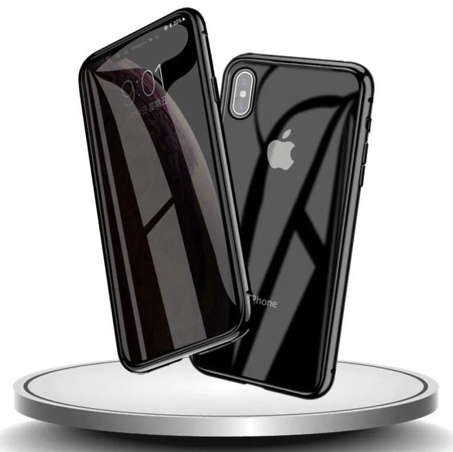Closed black clamshell privacy case for iPhone showing front screen and sliding camera cover tabs.