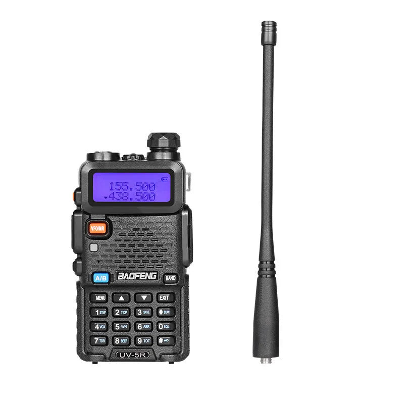 A compact black handheld walkie talkie with an antenna, showing its numeric keypad and display screen.