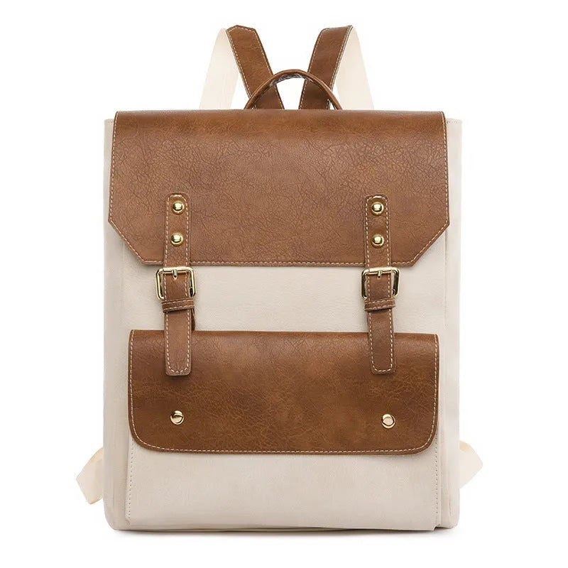Soft brown retro Korean style PU backpack showing front view and ventilation detail.
