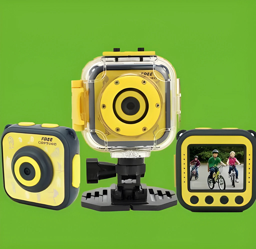 Yellow children's waterproof sports camera with 1.77-inch screen showing dimensions of 60x60x25mm