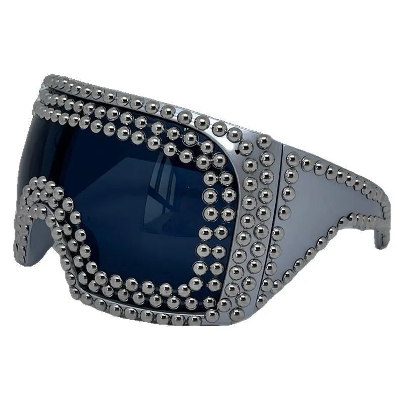 Men's punk sunglasses with large square frame and rivet detailing in silver colour