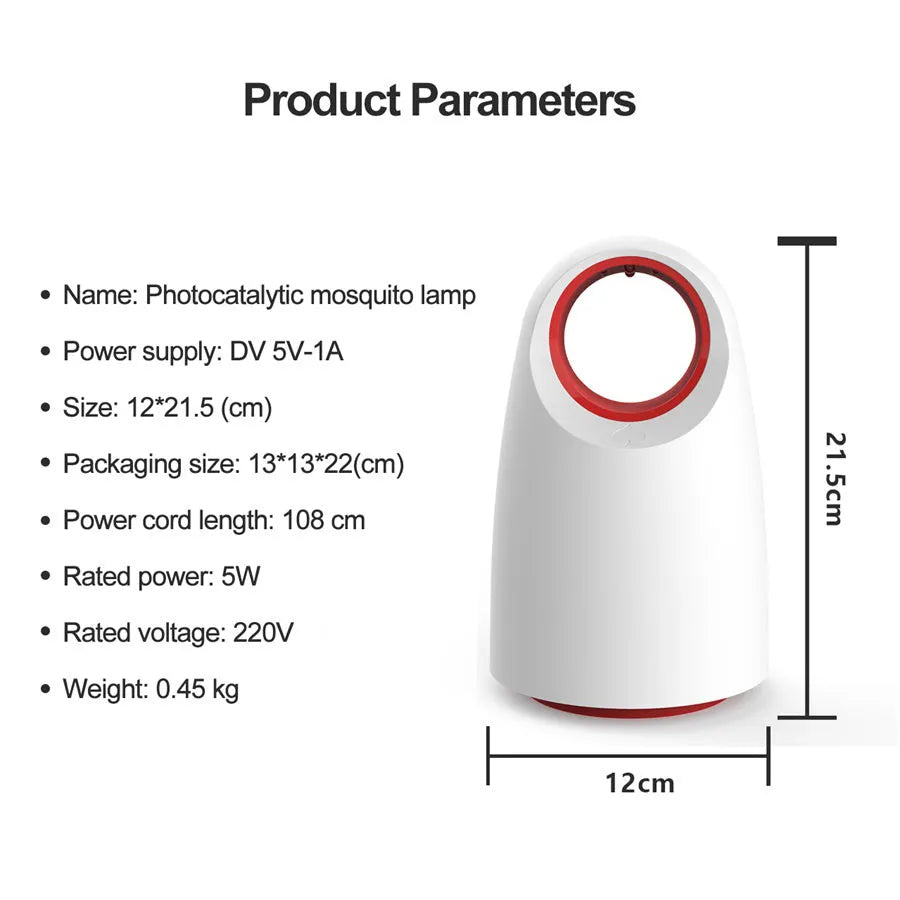 Black or white compact square mosquito killer with USB cable and mesh insect container.