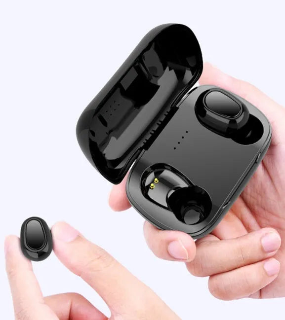 Sports mini in-ear Bluetooth 5.0 headphones in black with 8mm copper ring speaker and charging chamber
