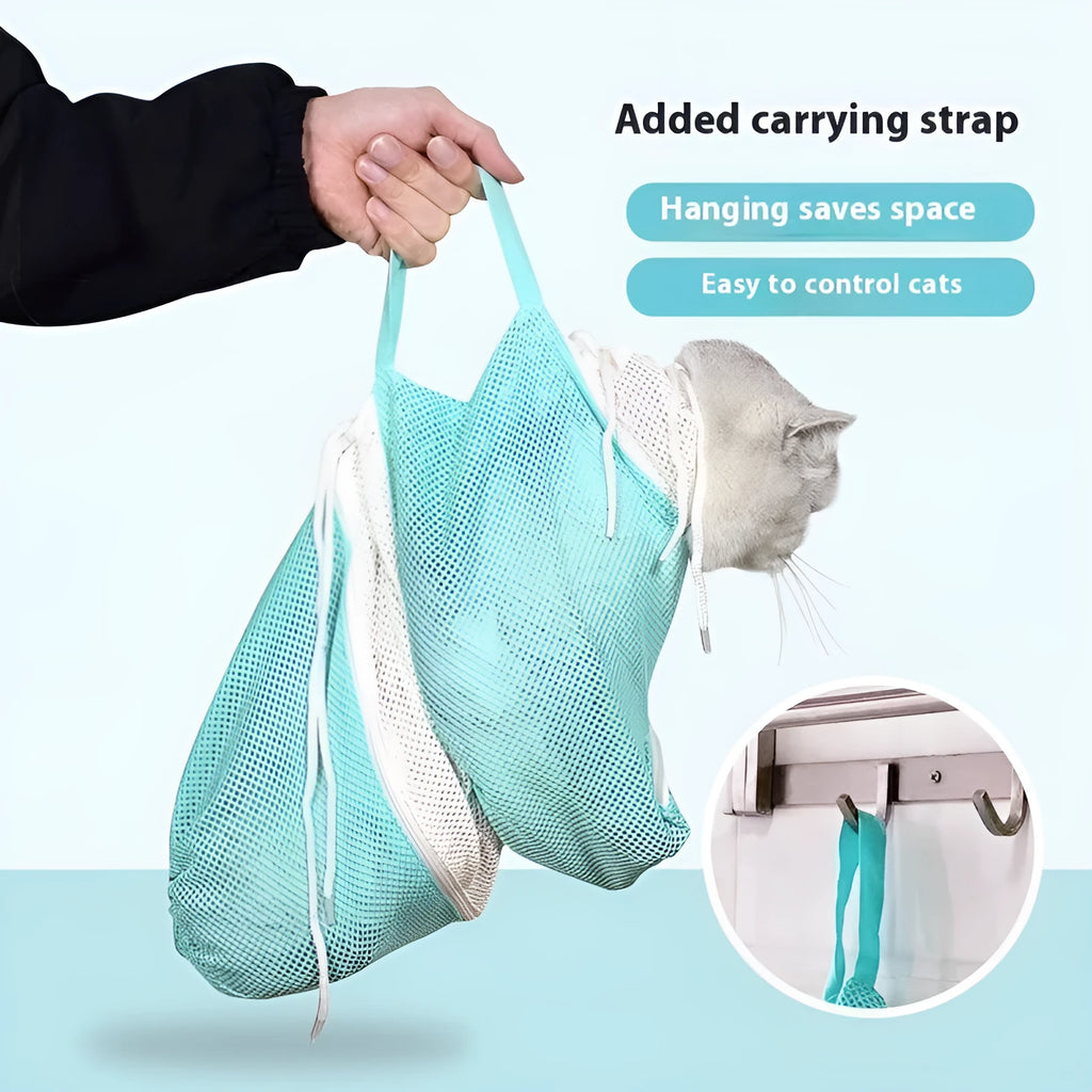 Fifth-generation cat grooming bag with scratch-resistant design in grey and white colour