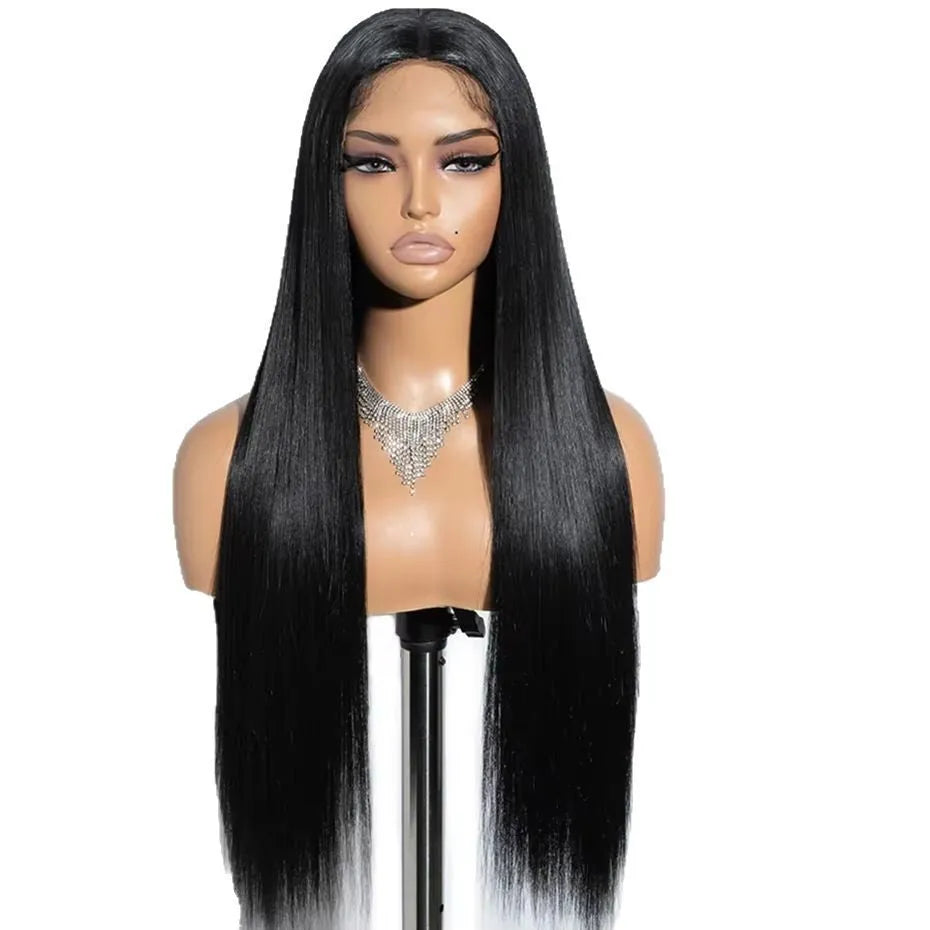 Glueless straight human hair wig with side bangs shown in natural style on a model.