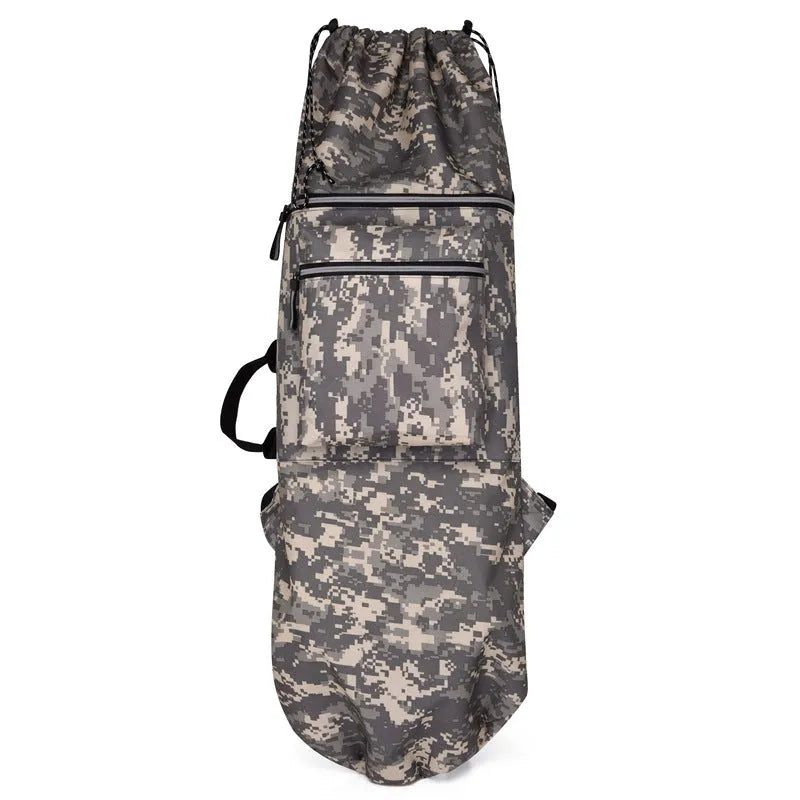 Black waterproof nylon skateboard bag holding a longboard, with yoga mat and fishing rod alternative uses shown.