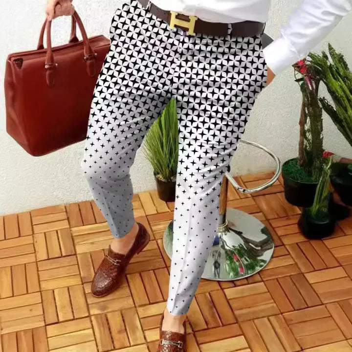 Men's straight-leg casual trousers with 3D printed plaid pattern in polyester blend fabric