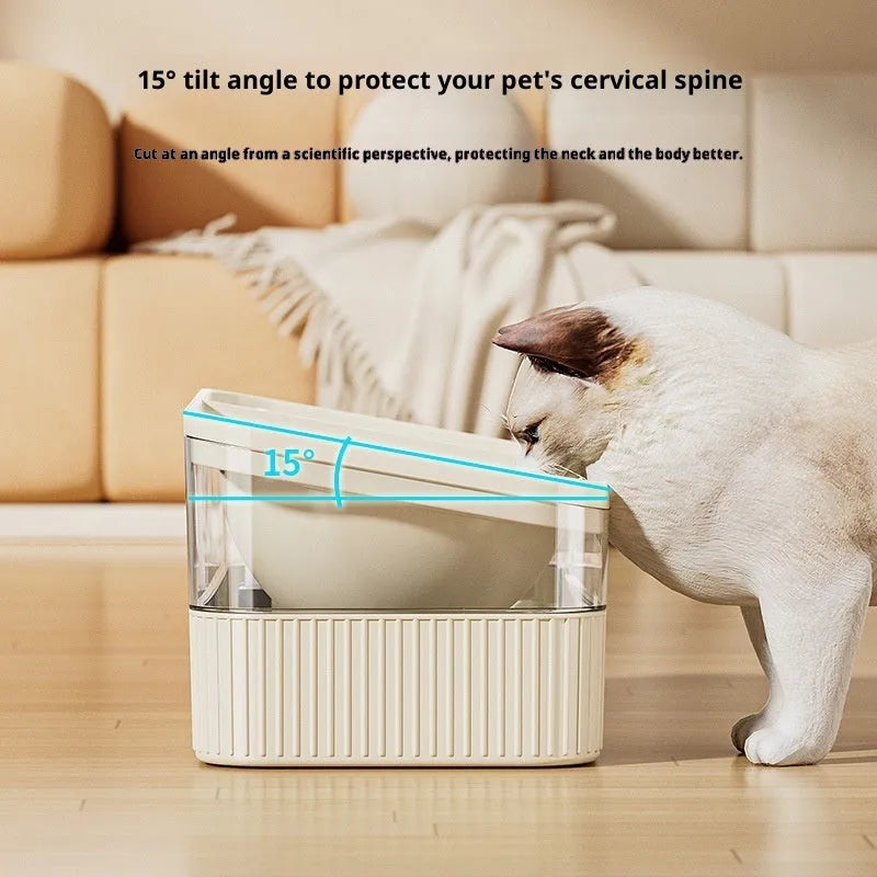 Automatic cat water fountain in cream colour with stainless steel drinking area and PP body