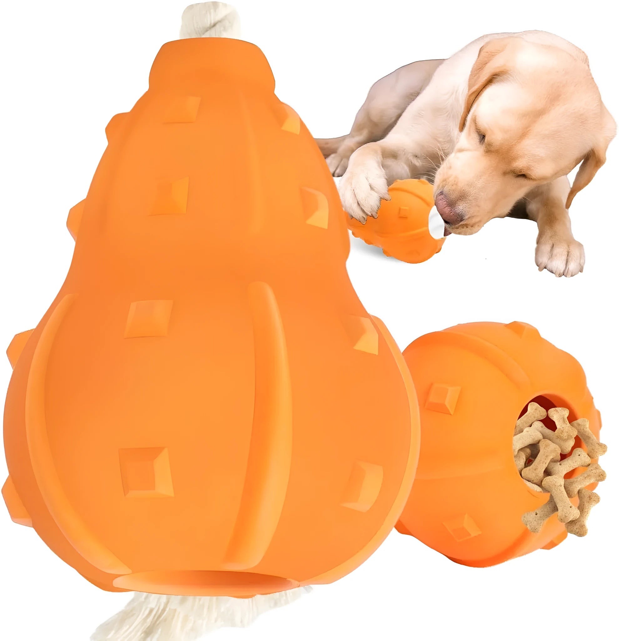 Natural rubber stuffable dog fetch toy with longer strap for small to medium breed dogs.