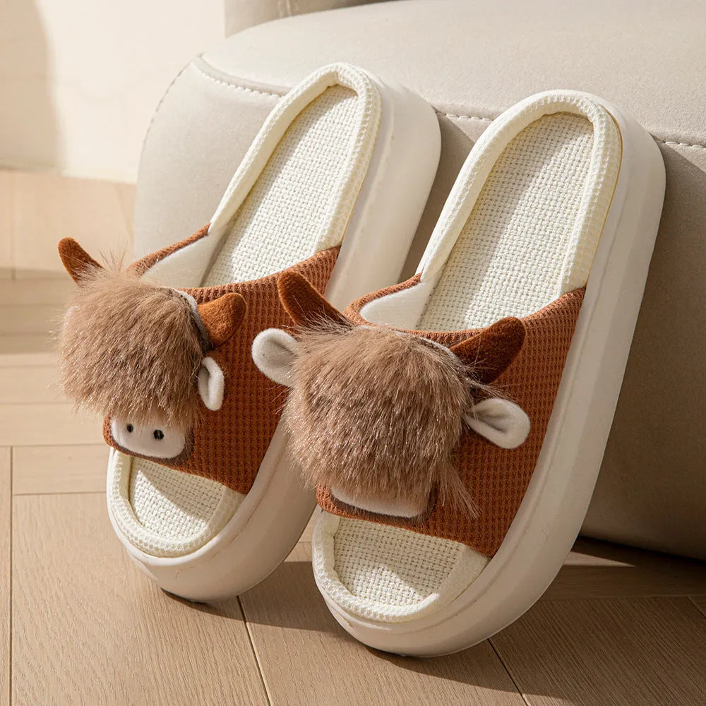Women's linen indoor slippers with EVA soft sole, hollow-out upper, toe ring flip flop style, khaki or black, sizes 36-45