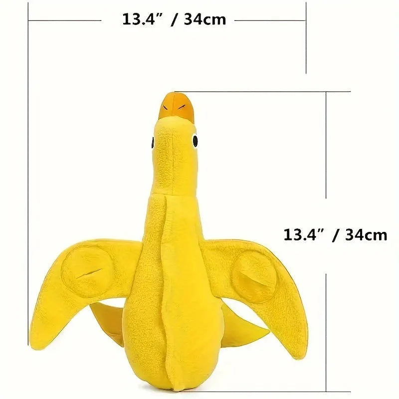 Yellow plush duck dog training toy with a squeaker and treat compartments on a white background.