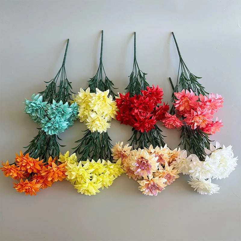 Dahlia desktop display fan holding fake flowers, silk flower bunch in multiple colours for home or office decoration