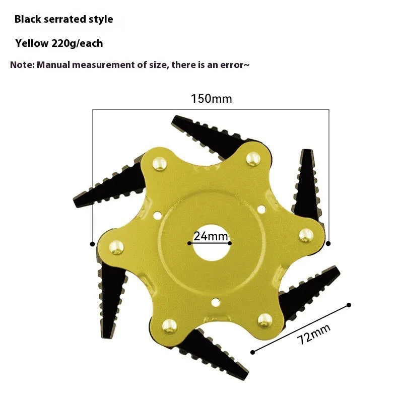 Alloy six-leaf knife grass head in black flat tooth type for agricultural trimming