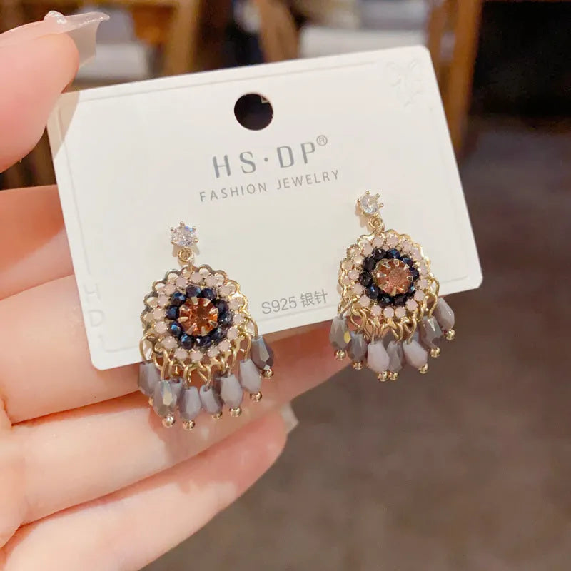 Purple and blue diamond embedded round crystal tassel earrings with thick gold plated copper geometry design
