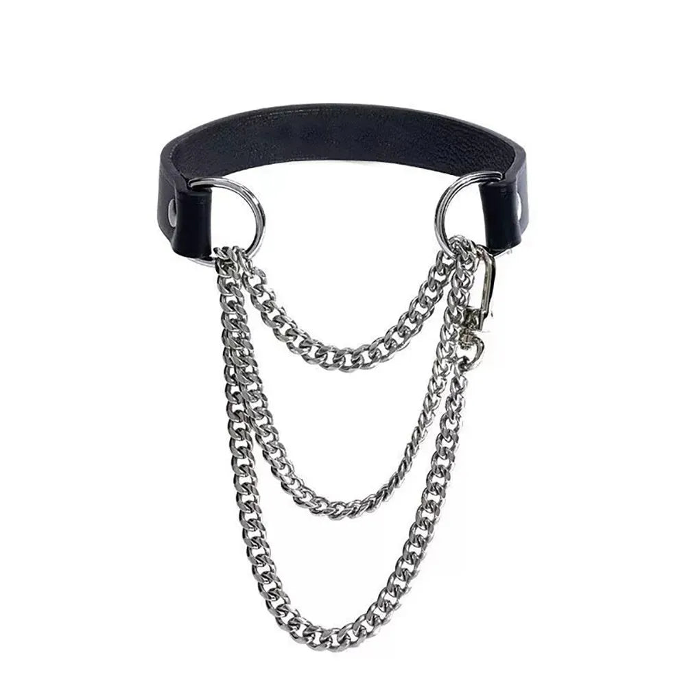 Night colour changing U-shaped leather collar with alloy ring pendant, unisex, in thermo and glow colourways