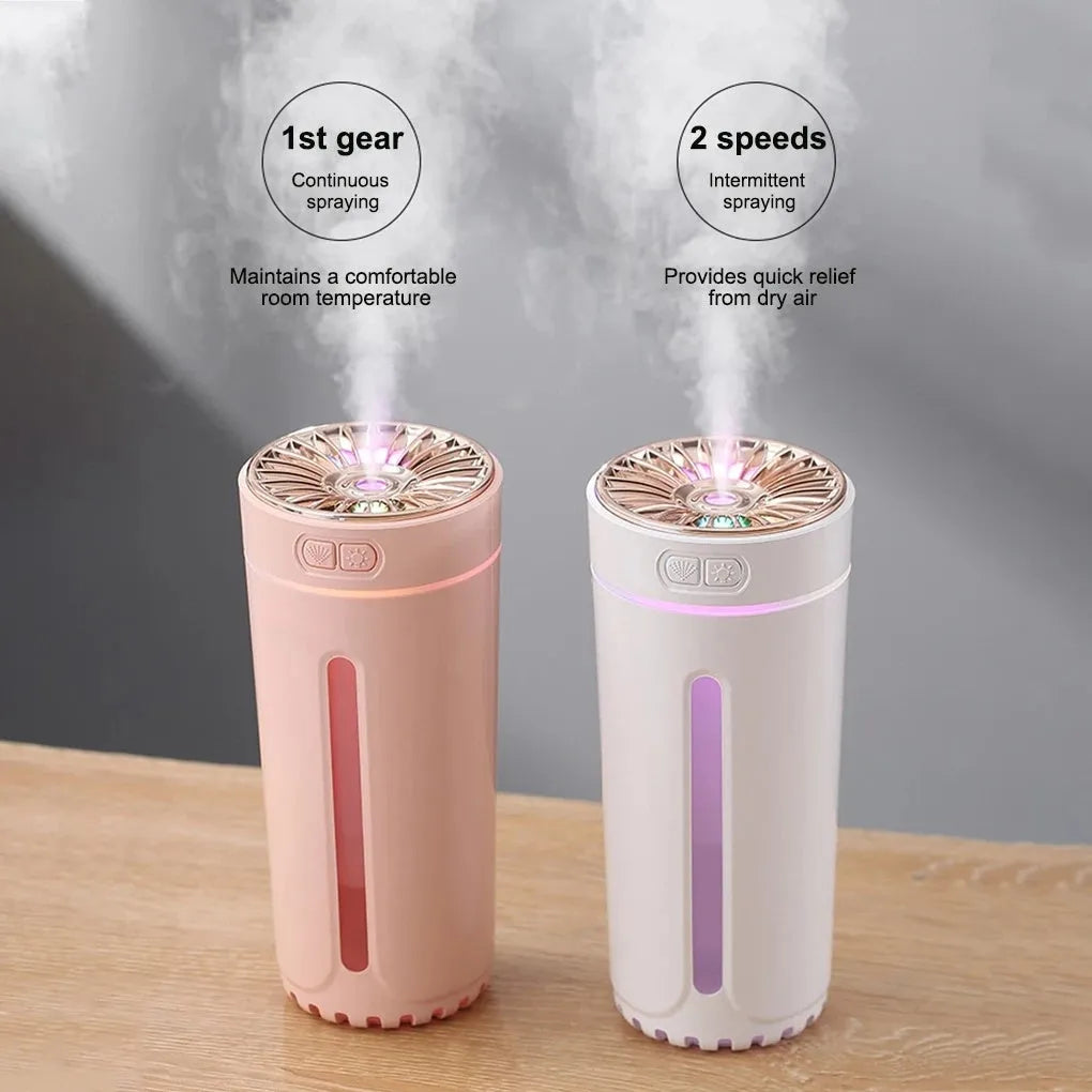 Black portable USB rechargeable humidifier with colourful lights on a car cup holder.