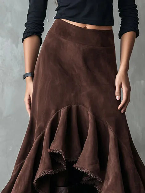 Western Brown High-Low Eco Suede Ruffle Maxi Skirt for Women