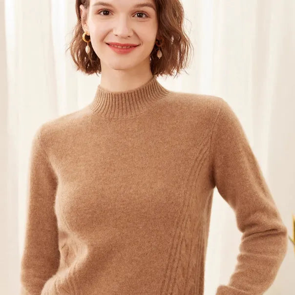 Women's pure cashmere turtleneck sweater in warm beige, high-neck design, soft knit texture