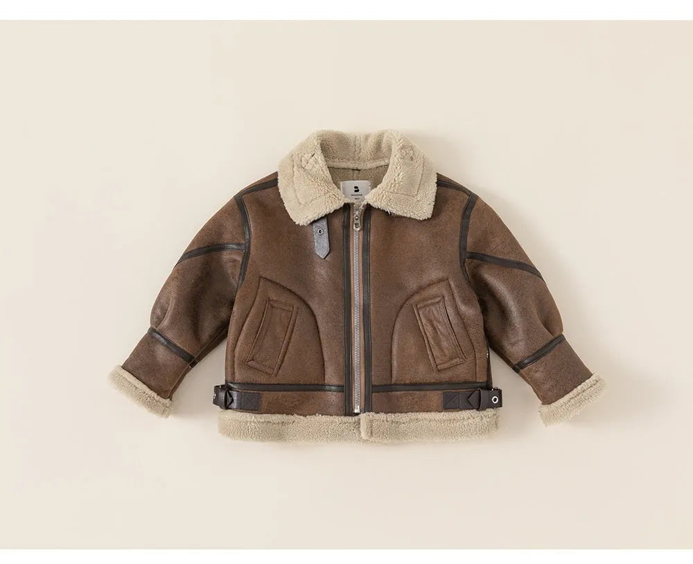 Boys retro locomotive style brown polyester winter coat with long sleeves, short length, sized 80-140cm
