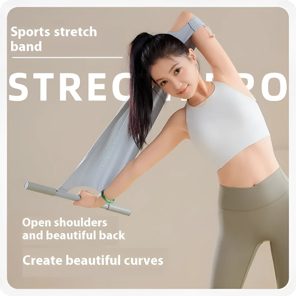 Grey and pink yoga multi-function stretching tool for shoulder, back, and hip flexibility