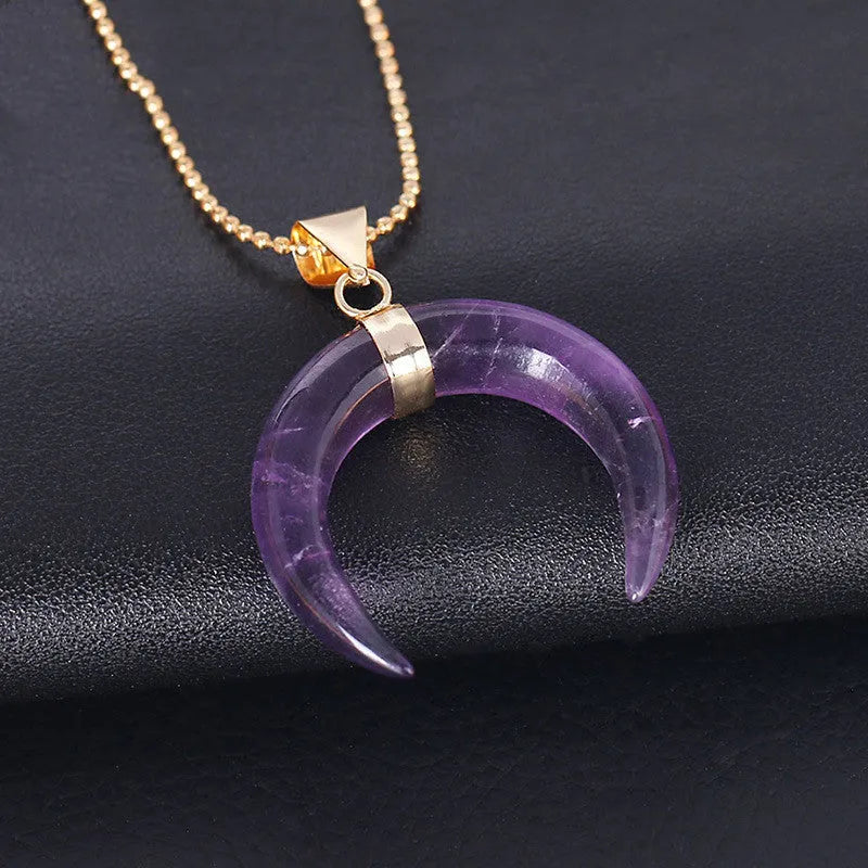 Natural stone moon pendant necklace with copper fittings on adjustable chain, pink and purple colour options