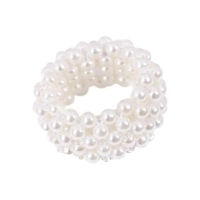 Fashion handmade beaded hair rope with imitation pearl beads in four colours black pink silver white