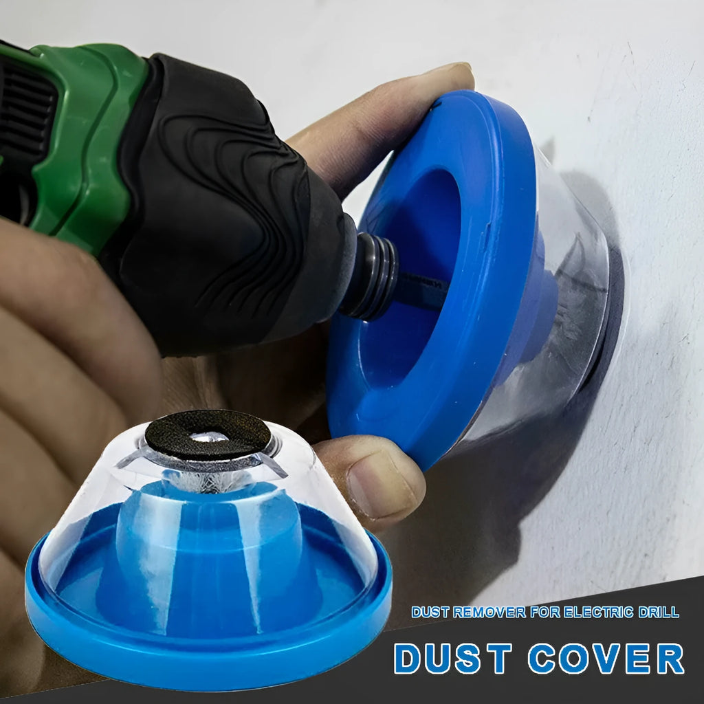 Blue plastic electric drill duster bowl with sponge gasket for capturing dust during drilling