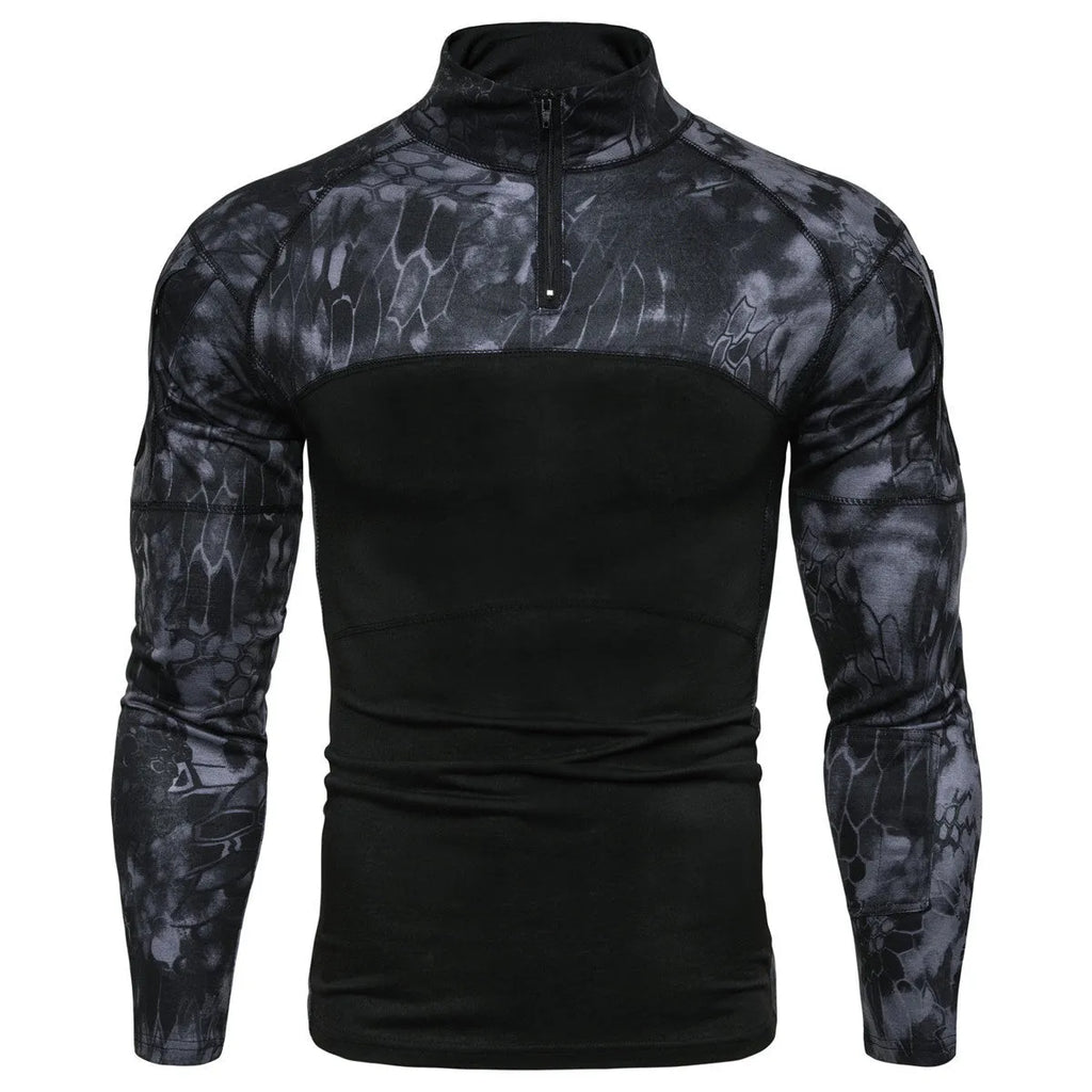 Camouflage panel zipper T-shirt in cotton blend, army green, grey or black, sizes L to XXXL