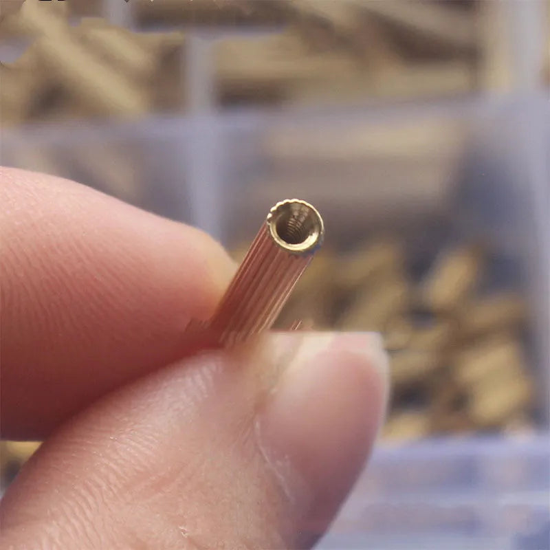 Gold-coloured 260-piece stainless steel screw nut and brass copper column set stored in a clear compartment box