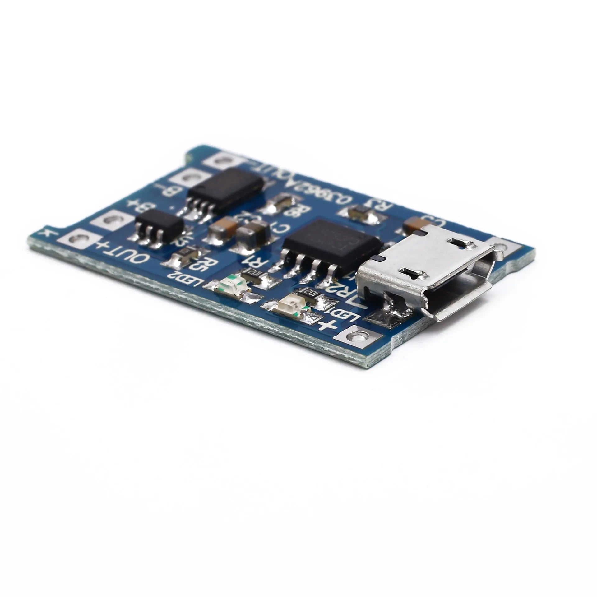 Small blue lithium battery charging and protection circuit board measuring 2.6 by 1.7 centimetres