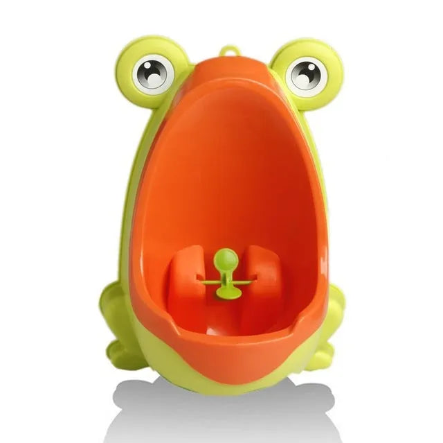 Ergonomic frog-shaped children baby potty toilet with rotating windmill in yellow and green, adjustable sucker, and large capacity