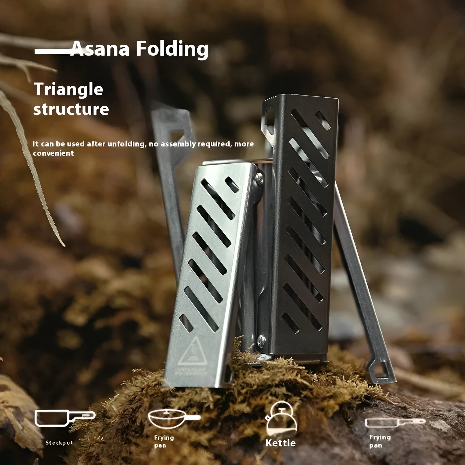 Hexagon alcohol camping stove folded showing black/silver alloy construction with dimensions 9.5x8.5x15cm