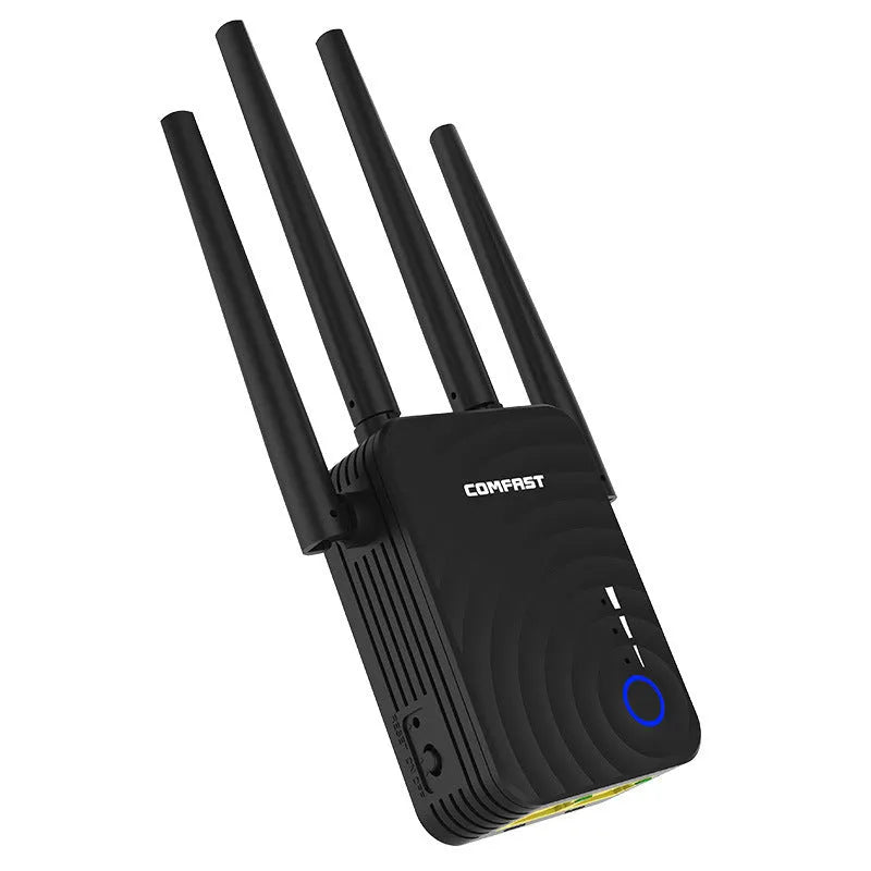 Dual-band AC1200 wireless relay router with four 3dBi antennas, four RJ-45 ports, black or white