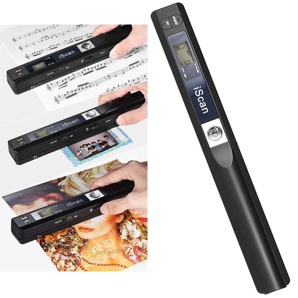 Handheld USB barcode scanner with a black plastic body and rubber grip, connected to a long grey cable.
