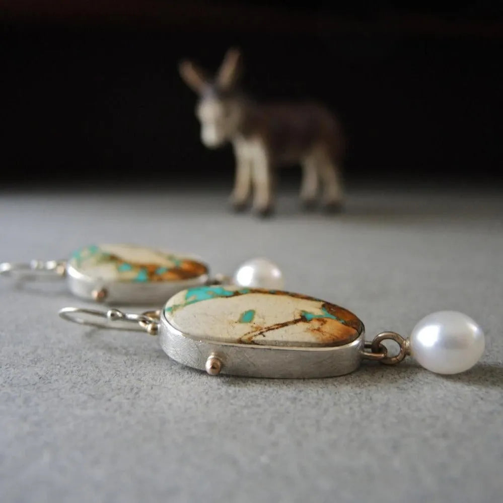 Vintage coloured turquoise and pearl drop pendant earrings on electroplated alloy, 45mm length, colourful pearl finish