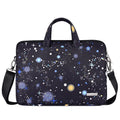Black waterproof polyester laptop liner bag shown in 13, 14, and 15 inch sizes with dimensions